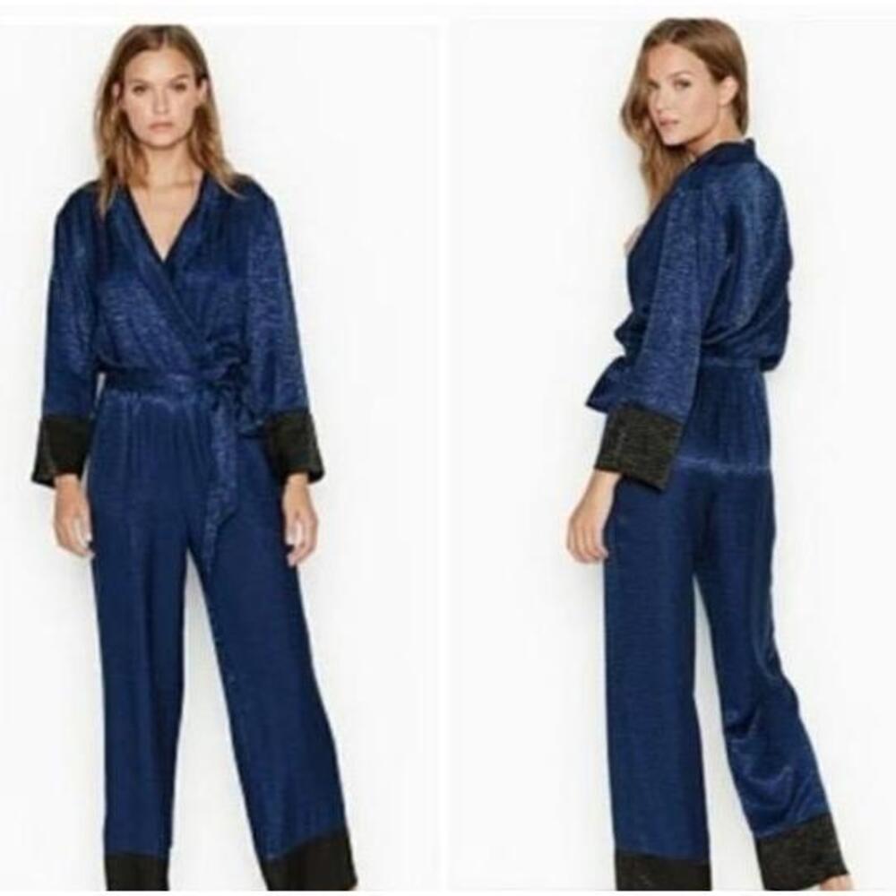 Victoria's Secret Sleep Jumpsuit XL  Blue‎ Satin Wide Leg Wrap Lounge Comfy